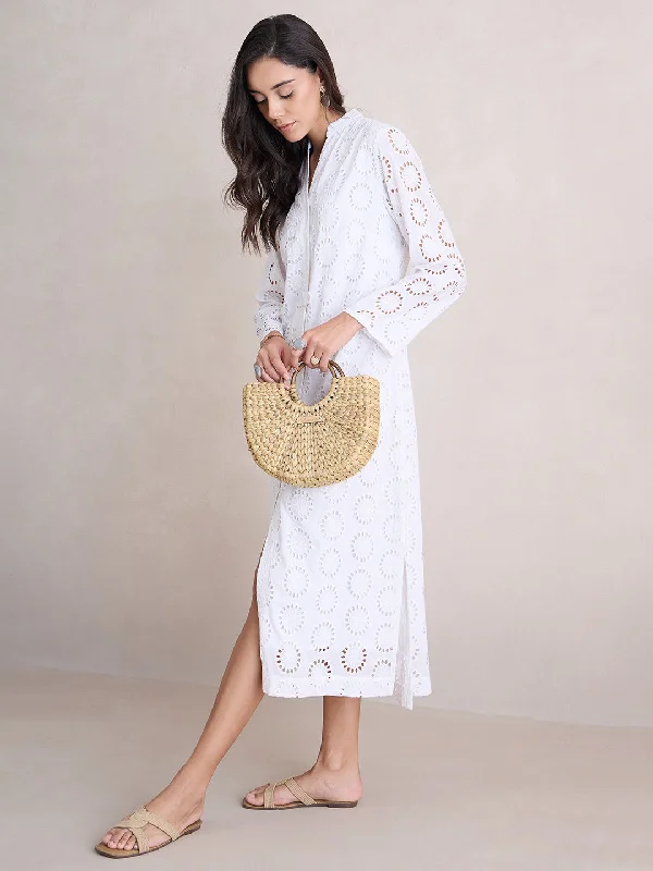 White Cotton Schiffli Shirt Maxi Dress Elegant Maxi Dress with Lace