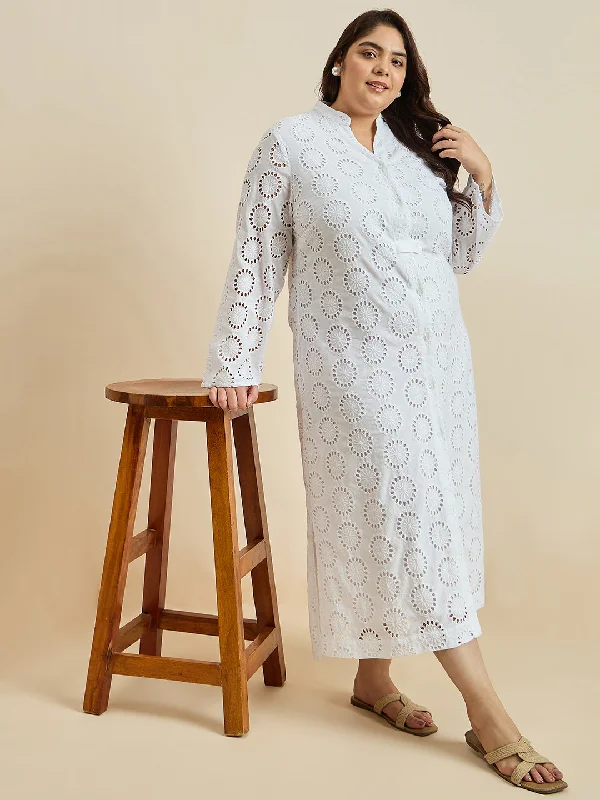 White Cotton Schiffli Shirt Maxi Dress Stylish Boho Chic Maxi Dress