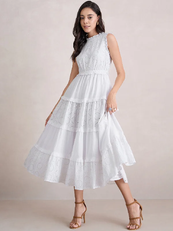 White Cotton Schiffli Tier Maxi Dress Elegant Maxi Dress with Belt