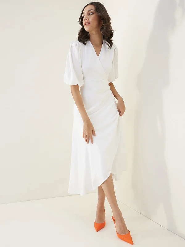 White Wrap Ruffle Maxi Dress Cozy Maxi Dress with Slit