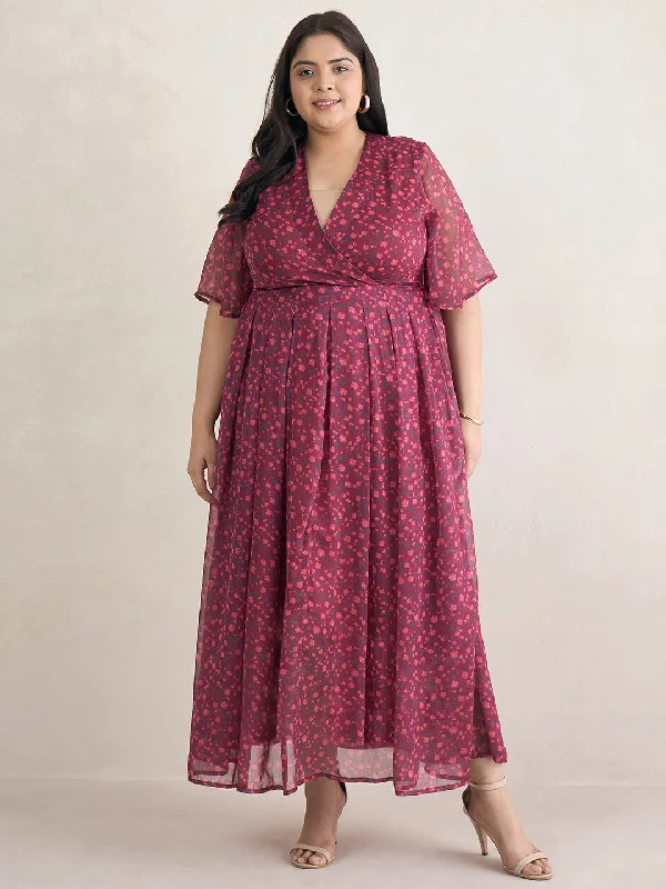 Wine Floral Print Wrap Maxi Dress Fashionable Open-Back Maxi Dress