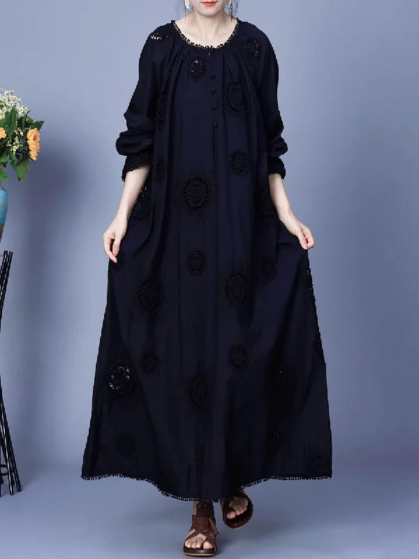 Women Artsy Spring Solid Embroidery Cotton Maxi Dress Elegant Maxi Dress with Drapes