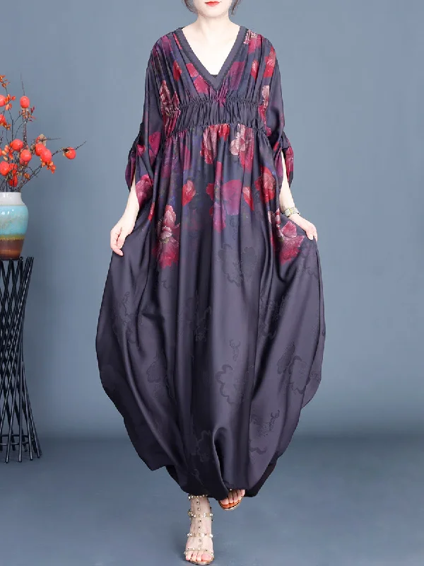 Women Spring Flower V-Neck Shirred Maxi Dress Stylish Long Sleeve Maxi Dress