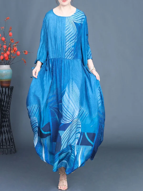 Women Summer Casual Print Blue O-Neck Maxi Dress Elegant Maxi Dress with Belt