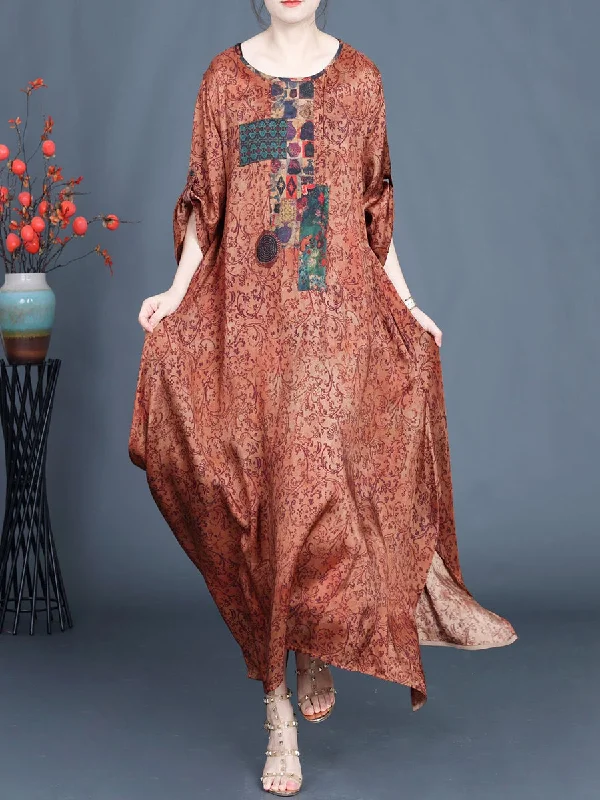 Women Summer Vintage Floral Spliced Maxi Dress Comfortable Plunging Neckline Maxi Dress