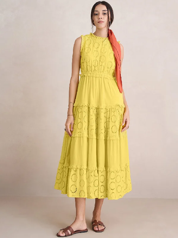 Yellow Cotton Schiffli Tier Maxi Dress Trendy Maxi Dress with Straps