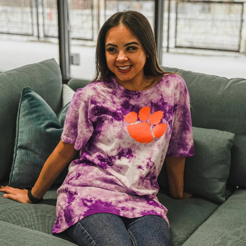 Clemson Purple and White Tie-Dye Tee with Paw Welt Pockets Slit Pockets Flap Pockets Clemson Purple and White Tie-Dye Tee with Paw Welt Pockets Slit Pockets Flap Pockets