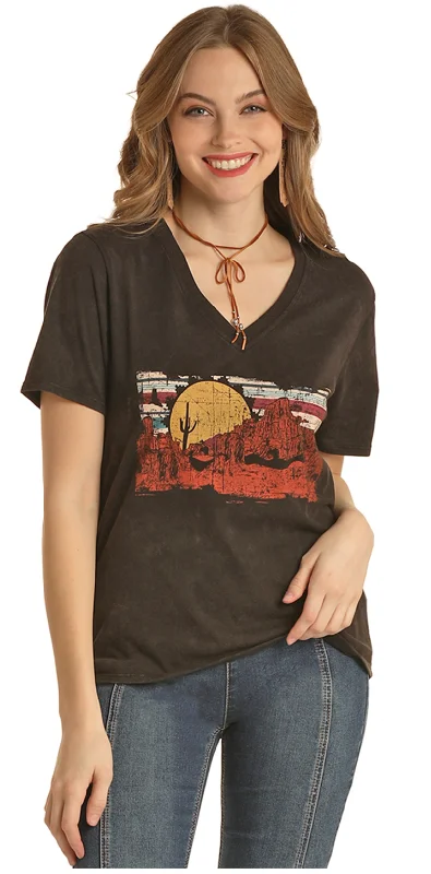 LADIES VNECK RED & BLACK "DESERT" TEE Handmade Hand-knitted Hand-woven