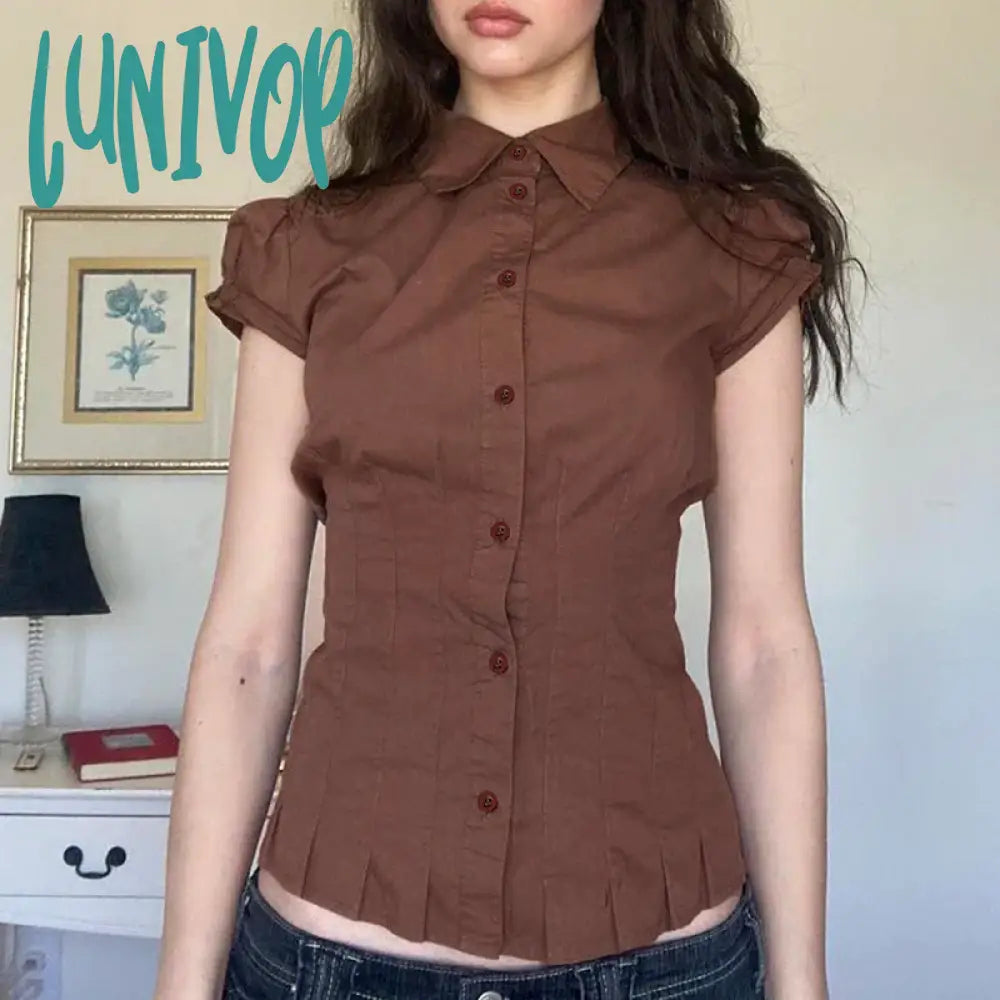 Lunivop Brown Pleated Button T-shirt Women Short Sleeve Fitted Blouses 00s Aesthetic Fairy Y2k Vintage Crop Tops Cottage Tees Fleece Nylon Spandex Lunivop Brown Pleated Button T-shirt Women Short Sleeve Fitted Blouses 00s Aesthetic Fairy Y2k Vintage Crop Tops Cottage Tees Fleece Nylon Spandex