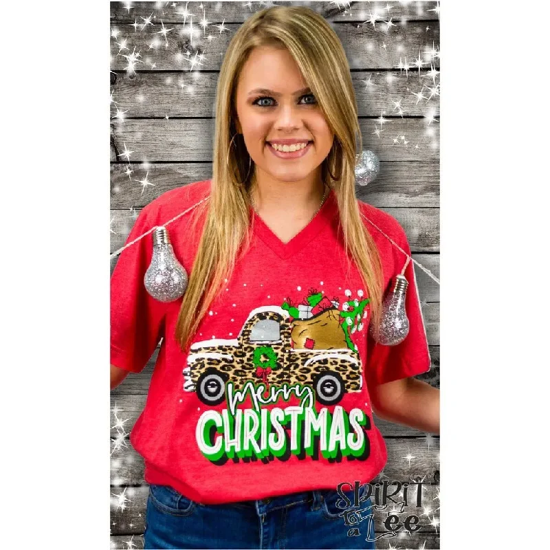 Merry Christmas Truck on Bella+Canvas V-Neck Tee Spandex Blend Rayon Blend Denim Blend Merry Christmas Truck on Bella+Canvas V-Neck Tee Spandex Blend Rayon Blend Denim Blend