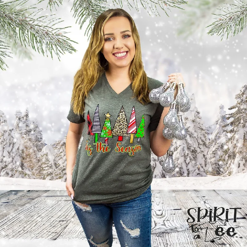 Tis the Season Christmas Trees on Bella+Canvas V-Neck Tee Real Fur Shearling Chenille Tis the Season Christmas Trees on Bella+Canvas V-Neck Tee Real Fur Shearling Chenille