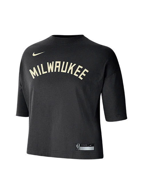 Women's Nike 2022 Statement Edition Courtside Boxy Milwaukee Bucks Crop T-Shirt Iron Safe Non-Iron Wrinkle Free Women's Nike 2022 Statement Edition Courtside Boxy Milwaukee Bucks Crop T-Shirt Iron Safe Non-Iron Wrinkle Free