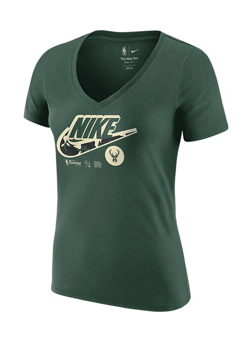 Women's Nike Dri-FIT Essential Logo Fir Milwaukee Bucks V-Neck T-Shirt Cozy Warm Stylish Women's Nike Dri-FIT Essential Logo Fir Milwaukee Bucks V-Neck T-Shirt Cozy Warm Stylish