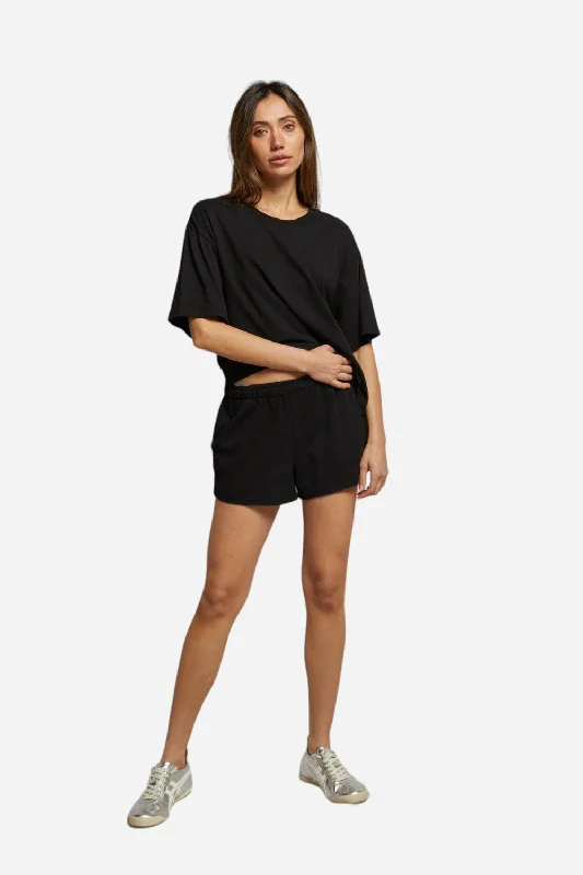 Perfect White Tee Adia Supima Cotton Shorts in True Black Zippered Front Buttoned Front Snap Front