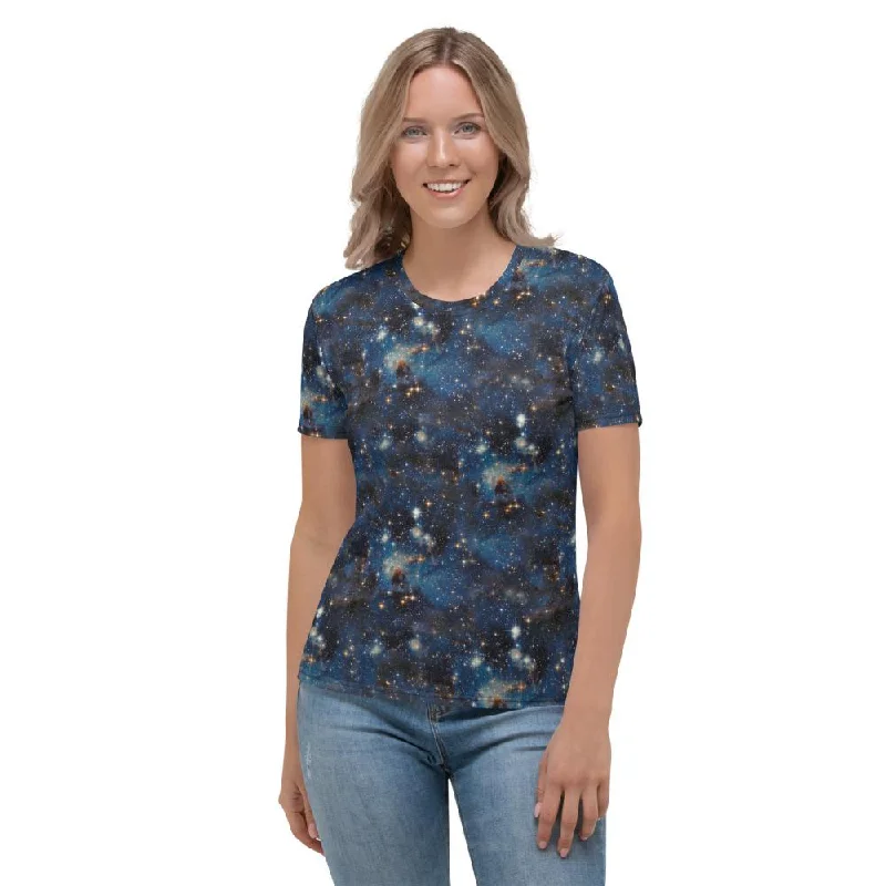 Blue Black Starry Galaxy Space Women's T-shirt Front Pockets Side Pockets Patch Pockets