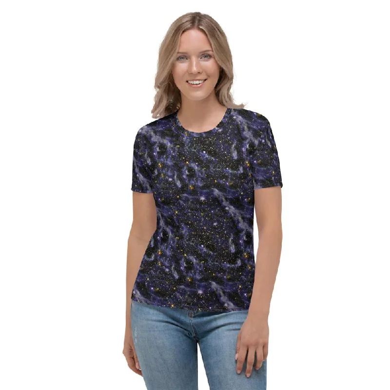 Blue Blaze Galaxy Space Clouds Stars Print Women's T-shirt Chenille Fabric Brocade Fabric Lace Fabric