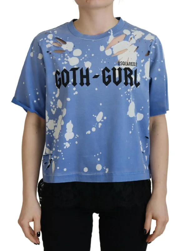 Blue Goth Gurl Print Black Lace Cotton Tee T-shirt Beaded Sequined Faux Fur