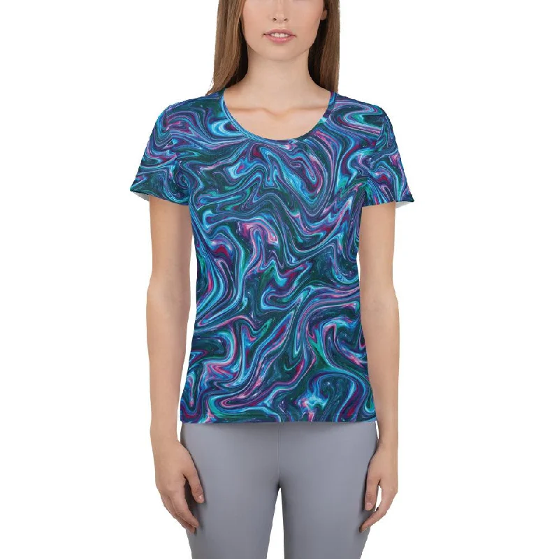 Blue Green Liquid Magma Plasma Psychedelic Swirls Trippy Print Women's Athletic T-shirt Zippered Front Buttoned Front Snap Front