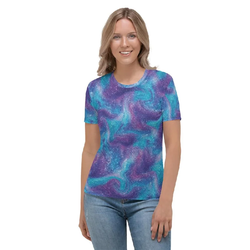 Blue Purple Glitter Galaxy Women's T-shirt Spandex Blend Rayon Blend Denim Blend