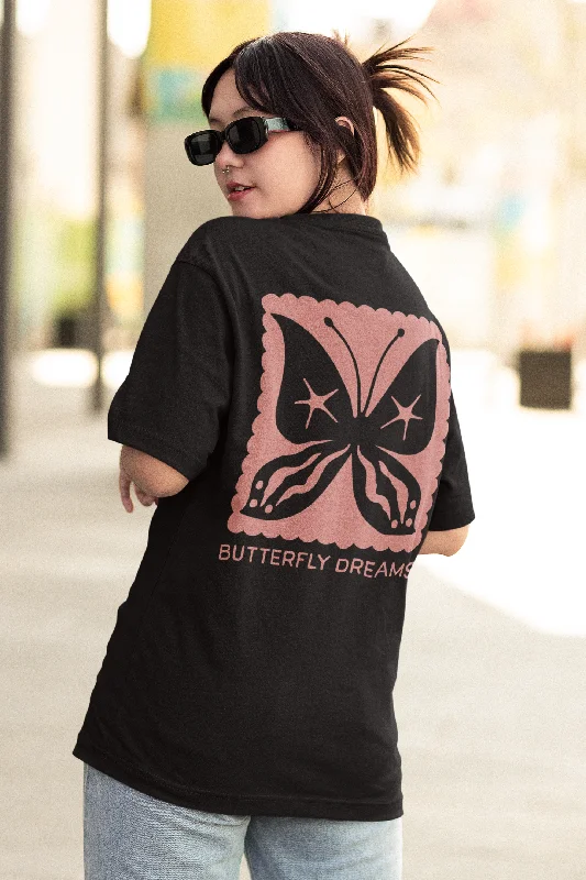 Butterfly Dreams Printed Design Oversized Black Women T-Shirt Ribbed T-Shirt High Neck Heavyweight