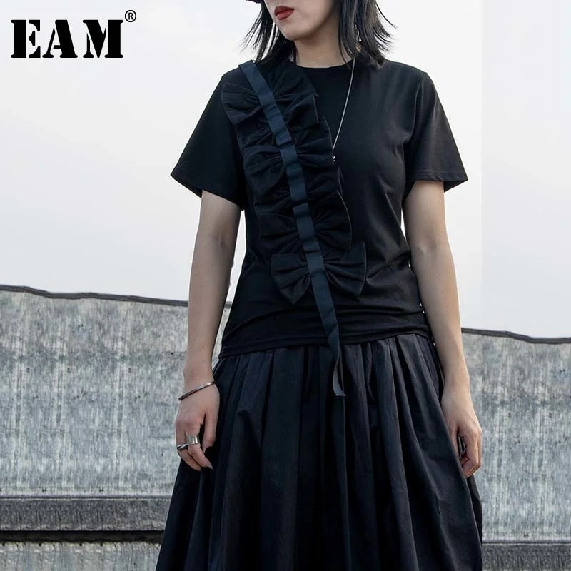 [EAM] Women Black Bow Split Joint Temperament T-shirt New Round Neck Short Sleeve  Fashion Tide  Spring Summer 2020 1W247 Collared Crew Neck Turtle Neck