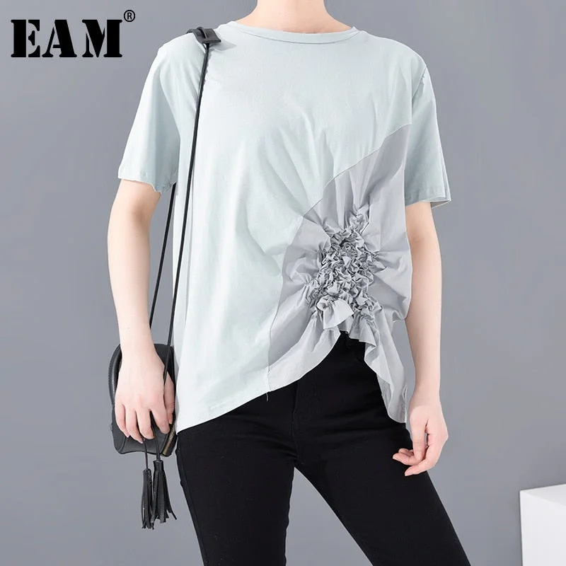 [EAM] Women Blue Irregular Pleated Big Size T-shirt New Round Neck Short Sleeve  Fashion Tide  Spring Summer 2020 1S58505 Mesh Blend Leather Blend Suede Blend