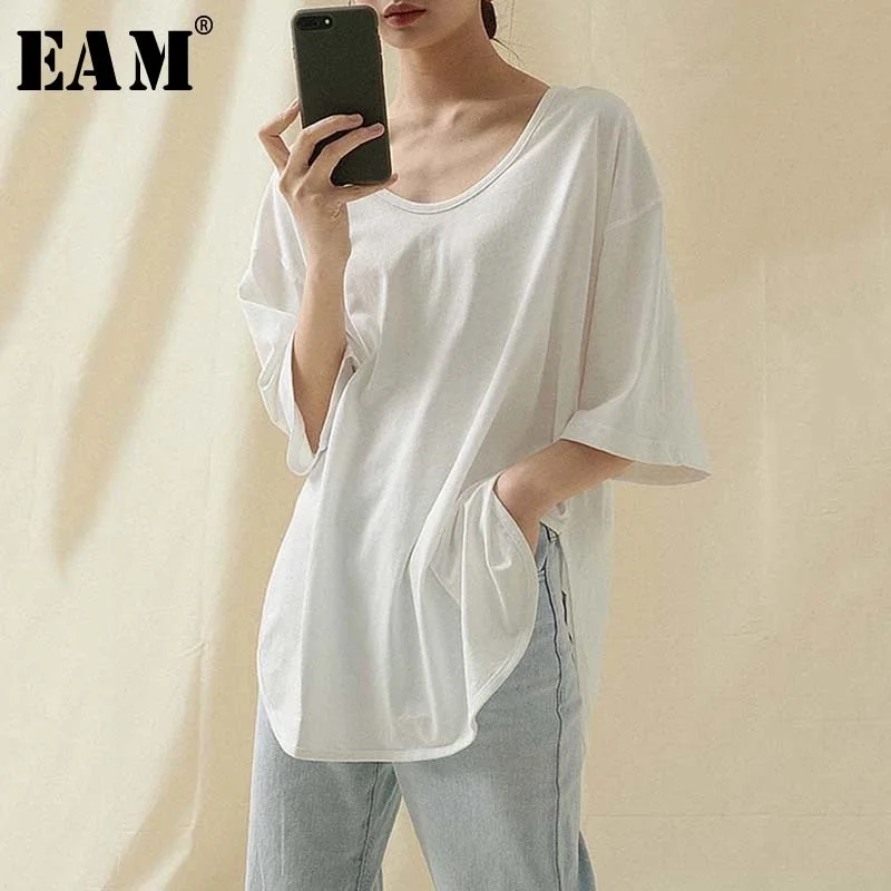 [EAM] Women Loose Fit  White Black Vent Brief Split T-shirt New Round Neck Half Sleeve Fashion Tide  Spring Summer 2020 1U456 Terry Blend Velvet Blend Canvas Blend