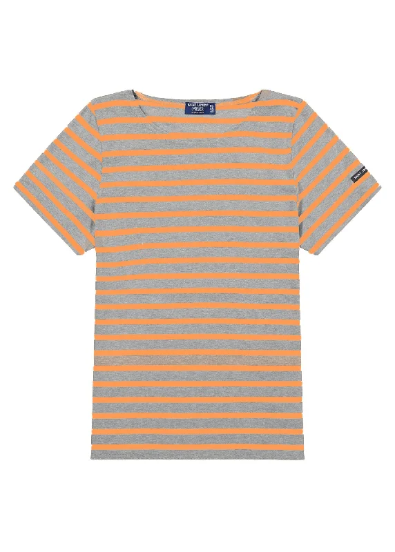 ETRILLE - Nautical Stripe Tee with Short Sleeves | Soft Cotton | Women Fit (DENIM / NEON ORANGE) Nylon Fabric Polyester Fabric Spandex Fabric