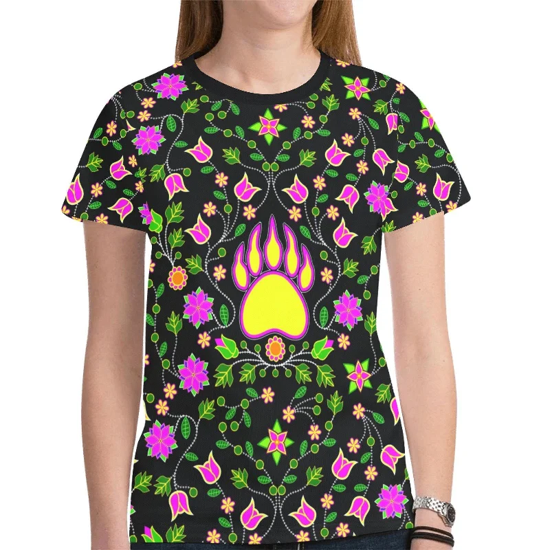 Floral Bearpaw Pink and Yellow T-shirt for Women Welt Pockets Slit Pockets Flap Pockets