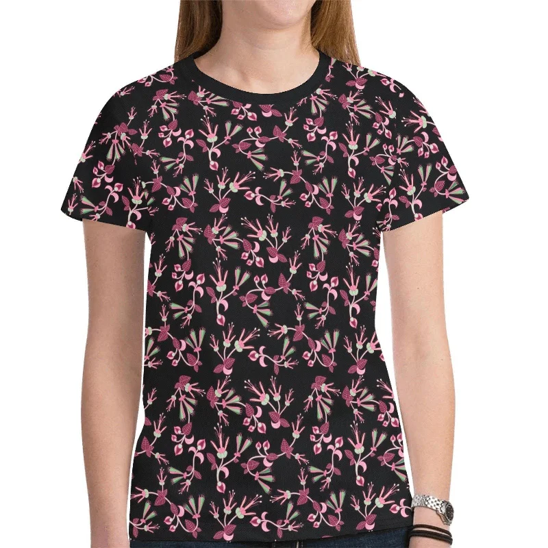 Floral Green Black T-shirt for Women Zippered Buttoned Snapped