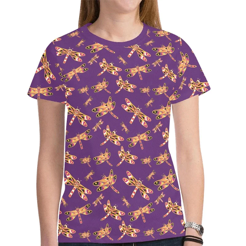 Gathering Yellow Purple T-shirt for Women Collared T-Shirt Boat Neck A-Line