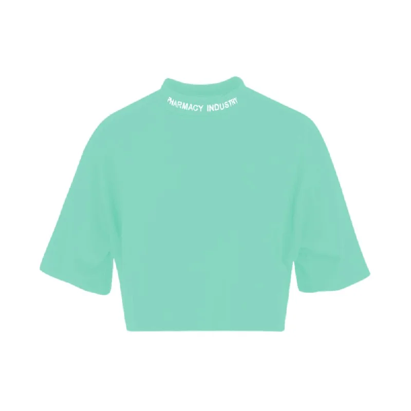 Green Cotton Tops & T-shirt Notch Collar Peter Pan Collar Cowl Neck