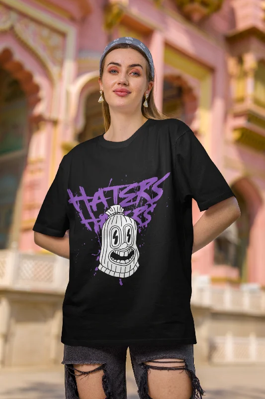 Haters Printed Design Black Oversized Women T-Shirt Graphic T-Shirt Round Neck Polyester