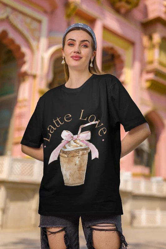 Latte Love Design Black Oversized Women T-Shirt Striped Floral Plaid