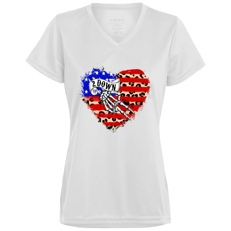 Leopard Heart Flag Patriotic Ladies’ Moisture-Wicking V-Neck Tee V-Neck T-Shirt Long Sleeve Cotton