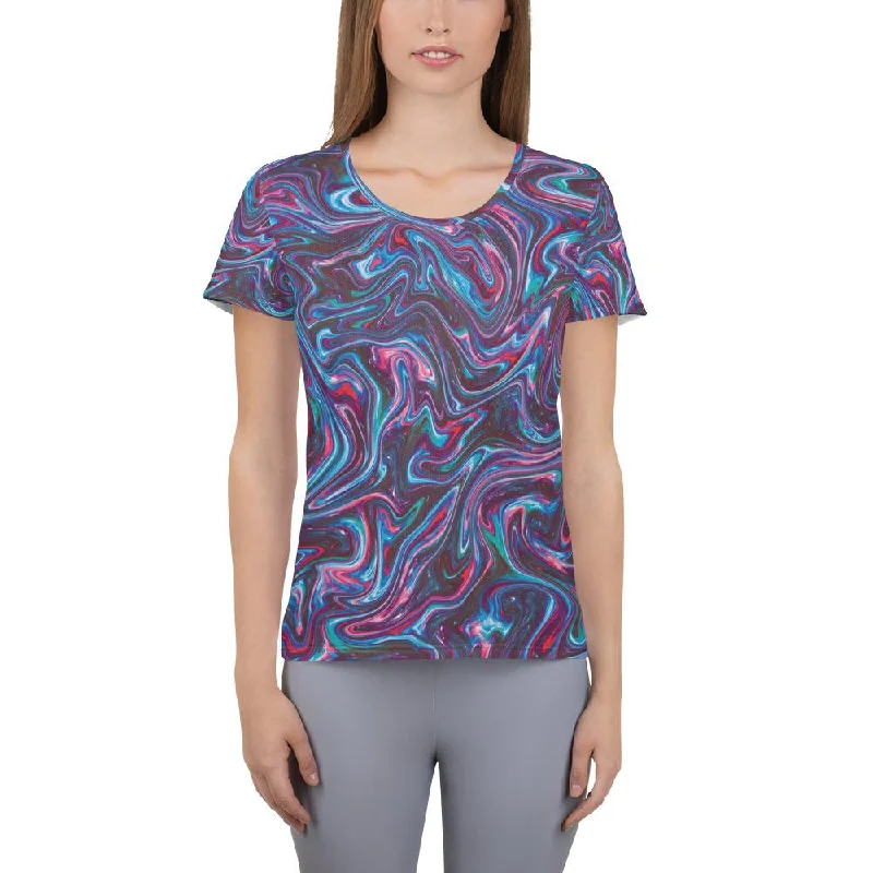 Red Blue Liquid Magma Plasma Psychedelic Swirls Trippy Print Women's Athletic T-shirt Houndstooth Herringbone Solid