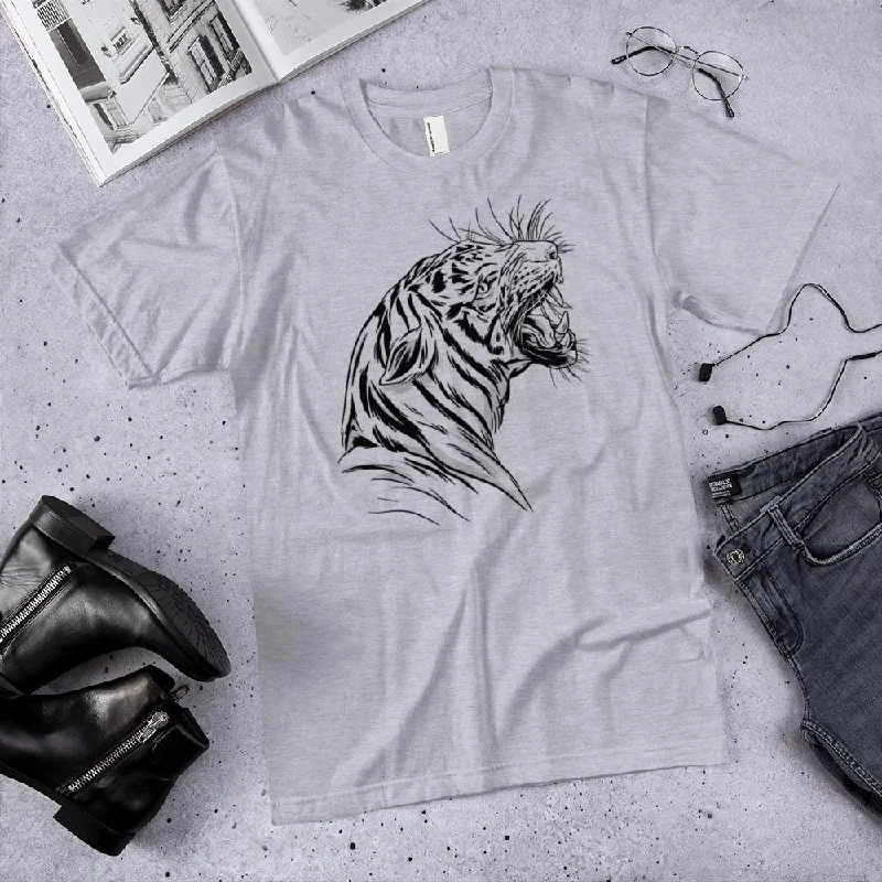 Roaring Tiger Unisex Fine Jersey Cotton T-Shirt Asymmetrical Pockets Print