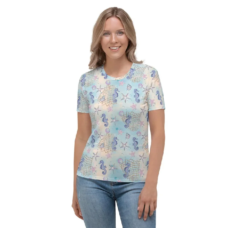 Sea Horse Pattern Women's T-shirt, Sea Horses Star Fish Shell Print Women's Top Front Pockets Side Pockets Patch Pockets