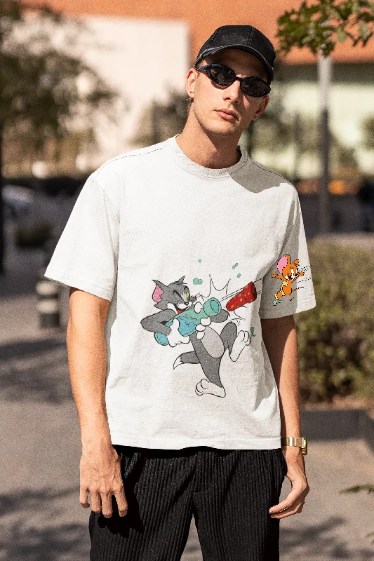 Tom and Jerry Design Oversized White Unisex T-Shirt Machine Wash Dry Clean Hand Wash