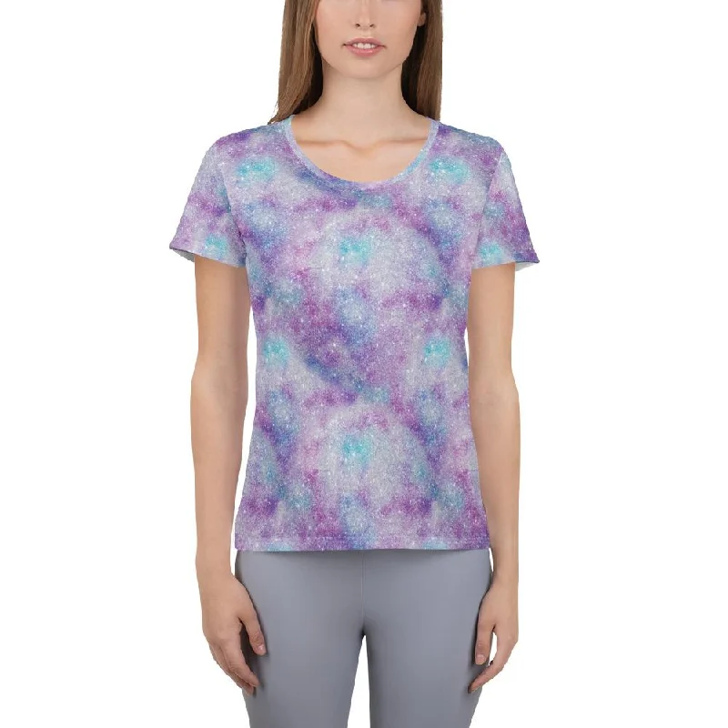 White Blue Purple Glittery Glitter Galactic Galaxy Mess Women's Athletic T-shirt Ribbed Striped Patterned