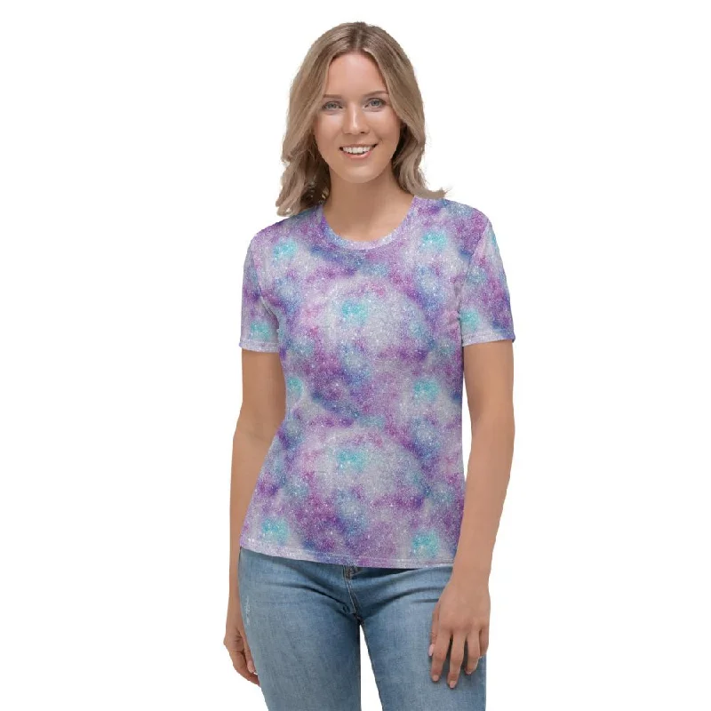 White Blue Purple Glittery Glitter Galactic Galaxy Mess Women's T-shirt Solid Print Embellished