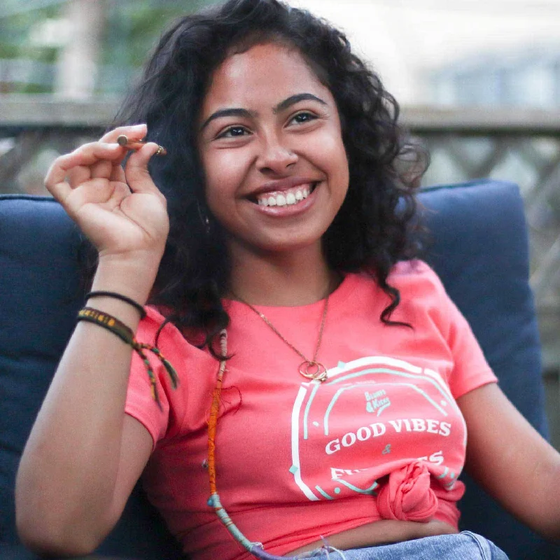 Women "Good Vibes & Fun Times" T-Shirt - Coral Zippered Buttoned Snapped