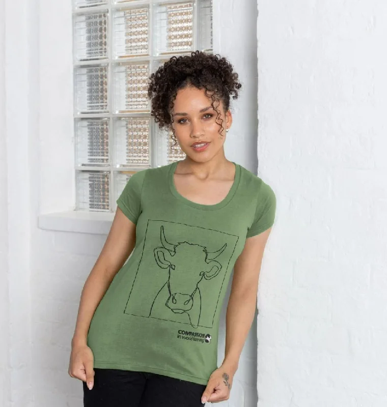 Women's Cow Scoop Neck T-Shirt Zippered Front Buttoned Front Snap Front