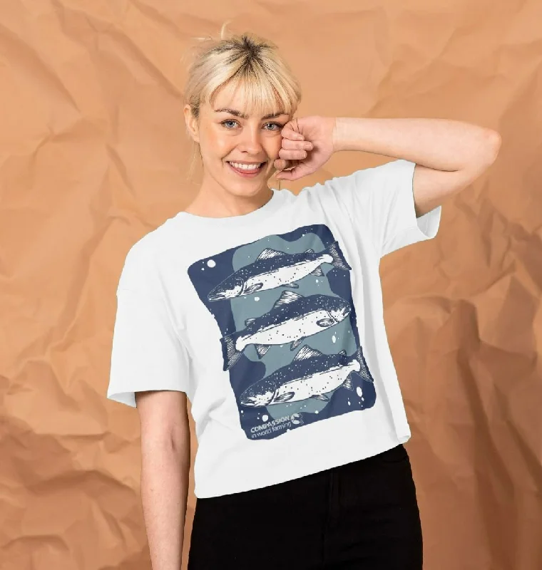 Women's Salmon Boxy T-shirt V-Neck T-Shirt Long Sleeve Cotton