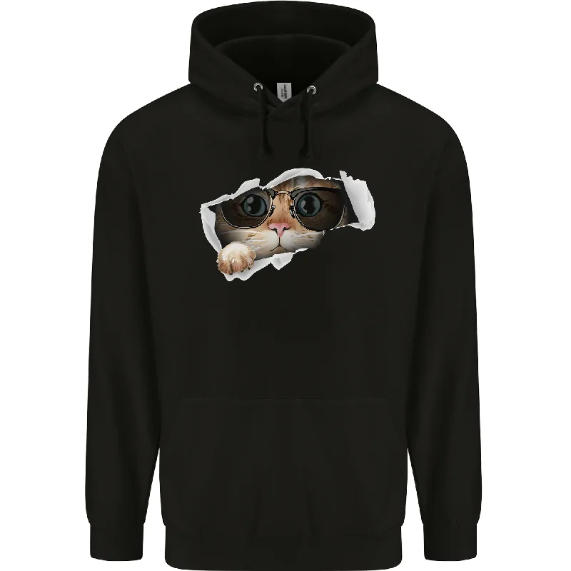 A Funny Cat Peeking From a Ripped Top Mens 80% Cotton Hoodie Hoodie with Hem Patch Decorative Personalized