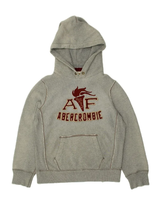 ABERCROMBIE & FITCH Mens Graphic Hoodie Jumper Small Grey Cotton Hoodie with Earth Tones Natural Calm