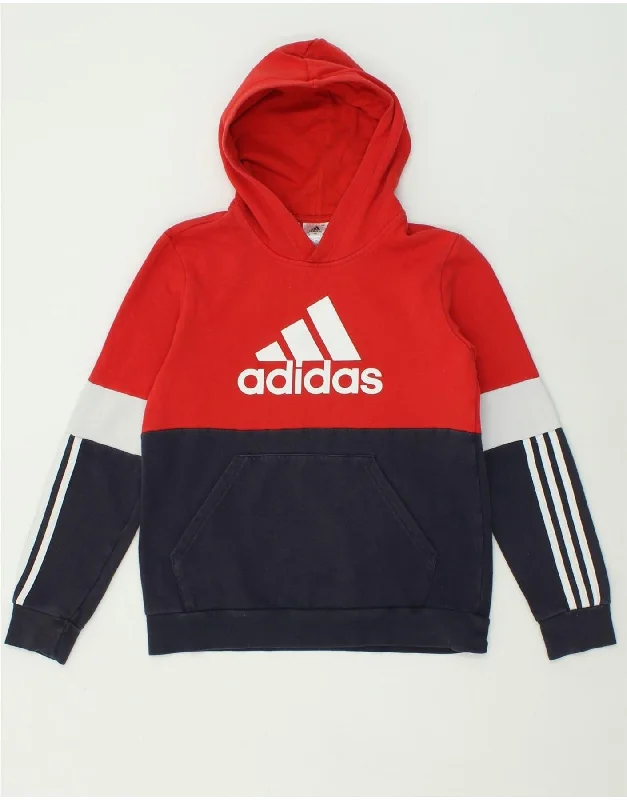 ADIDAS Boys Graphic Hoodie Jumper 13-14 Years Red Colourblock Cotton Hoodie with Sequins Glamorous Eye-catching