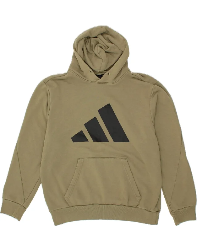 ADIDAS Mens Graphic Hoodie Jumper XL Khaki Cotton Hoodie with Applique Textured Unique