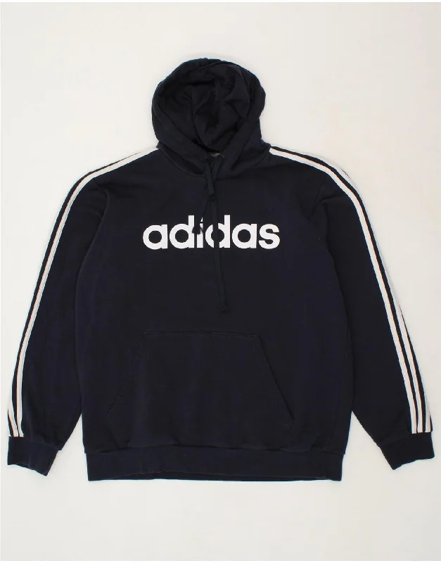 ADIDAS Mens Graphic Hoodie Jumper XL Navy Blue Cotton Hoodie with Snap Buttons Easy Quick