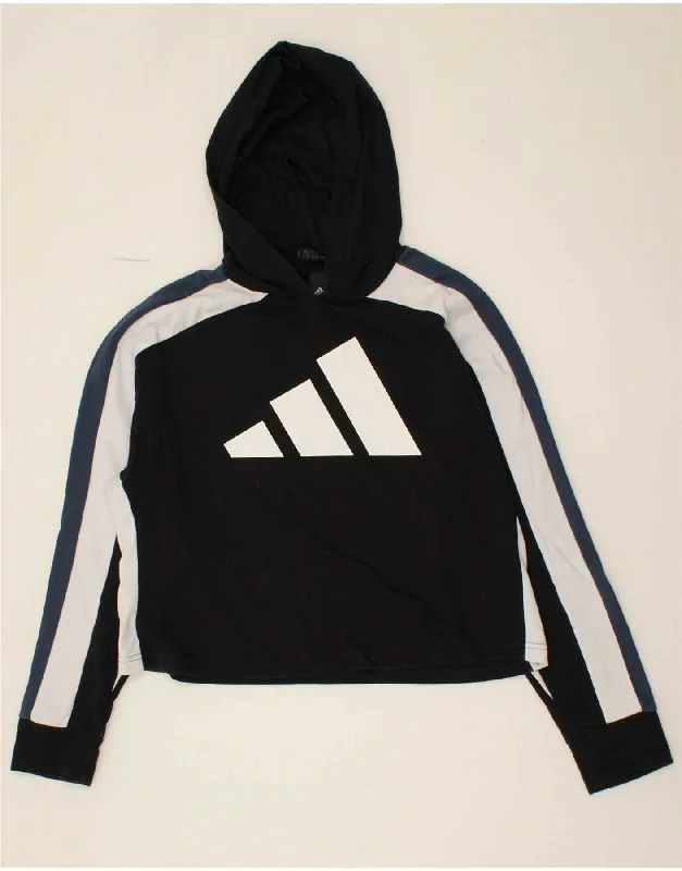 ADIDAS Womens Crop Graphic Hoodie Jumper UK 14/16 Large Black Colourblock Hoodie with Exposed Zipper Edgy Industrial